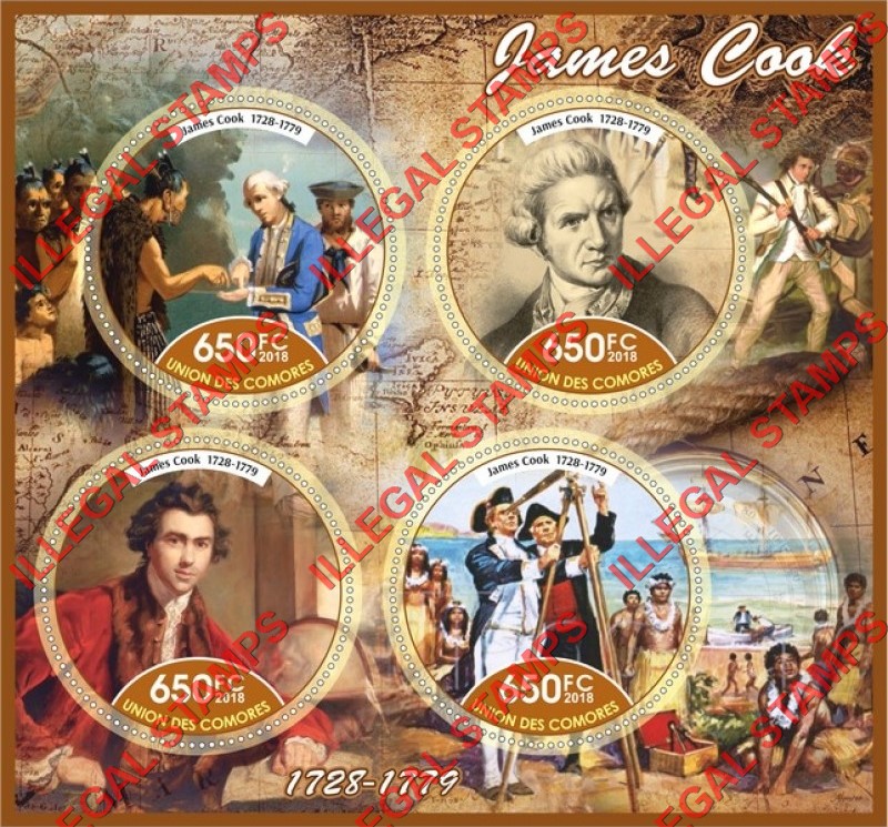 Comoro Islands 2018 James Cook Counterfeit Illegal Stamp Souvenir Sheet of 4
