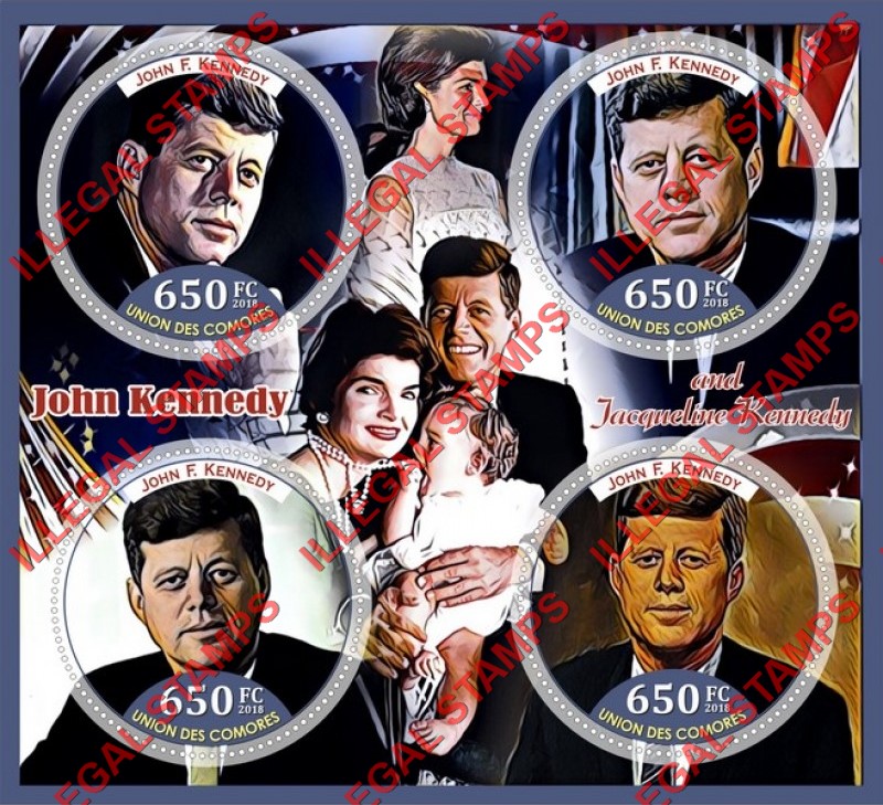 Comoro Islands 2018 John F. Kennedy and Jacqueline Kennedy Counterfeit Illegal Stamp Souvenir Sheet of 4