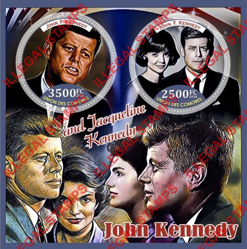 Comoro Islands 2018 John F. Kennedy and Jacqueline Kennedy Counterfeit Illegal Stamp Souvenir Sheet of 2
