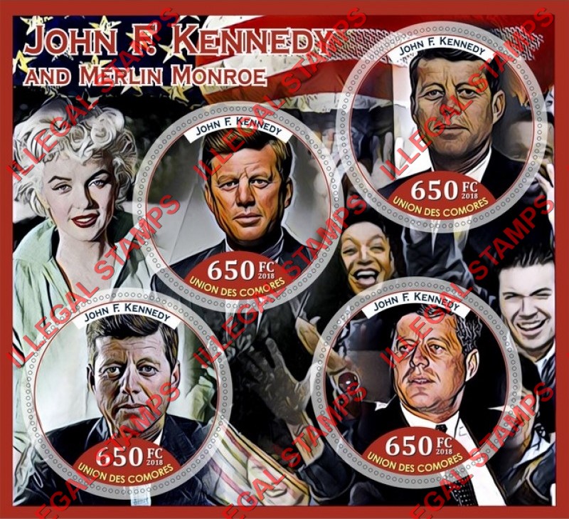 Comoro Islands 2018 John F. Kennedy and Marilyn Monroe Counterfeit Illegal Stamp Souvenir Sheet of 4