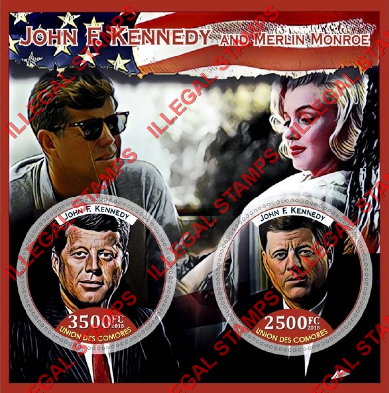 Comoro Islands 2018 John F. Kennedy and Marilyn Monroe Counterfeit Illegal Stamp Souvenir Sheet of 2