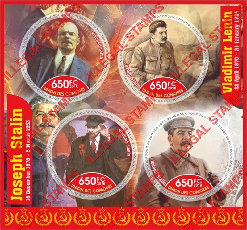 Comoro Islands 2018 Lenin and Stalin Counterfeit Illegal Stamp Souvenir Sheet of 4