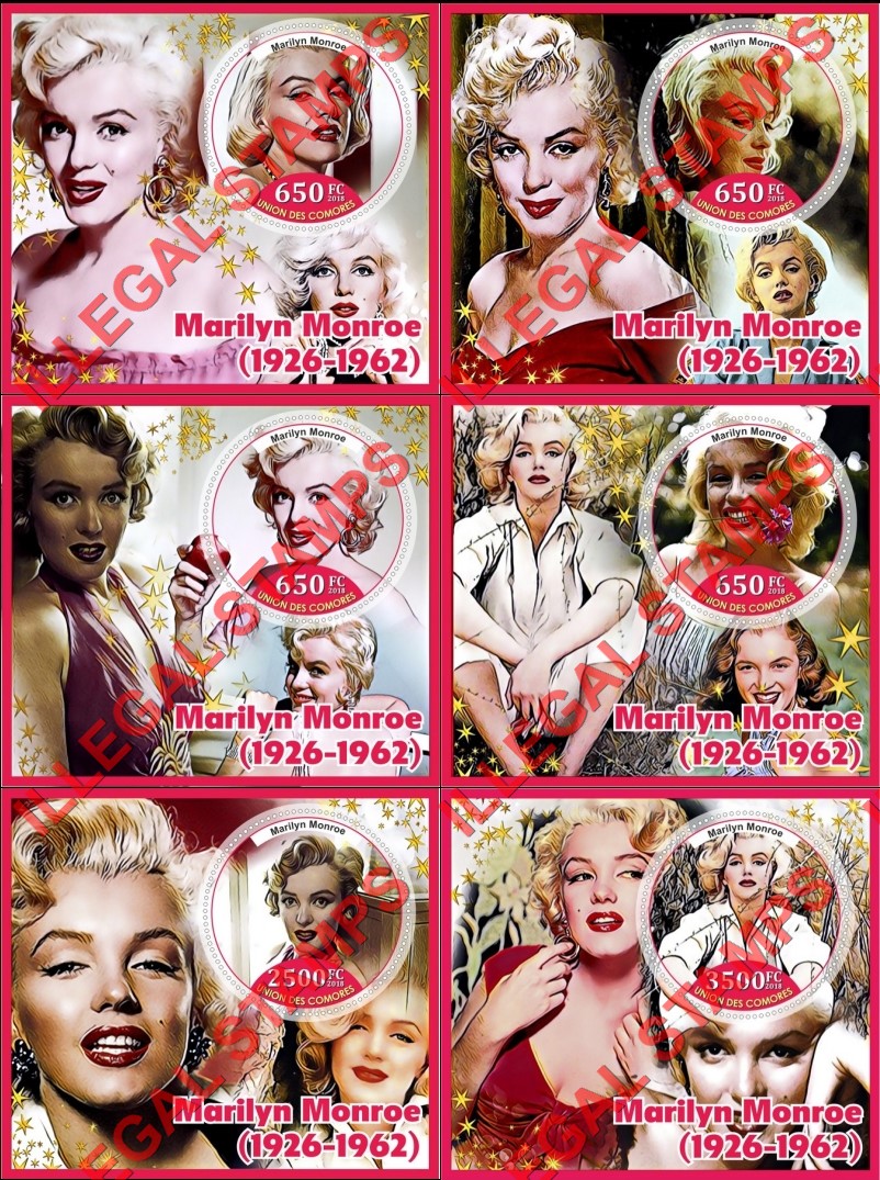 Comoro Islands 2018 Marilyn Monroe Counterfeit Illegal Stamp Souvenir Sheets of 1