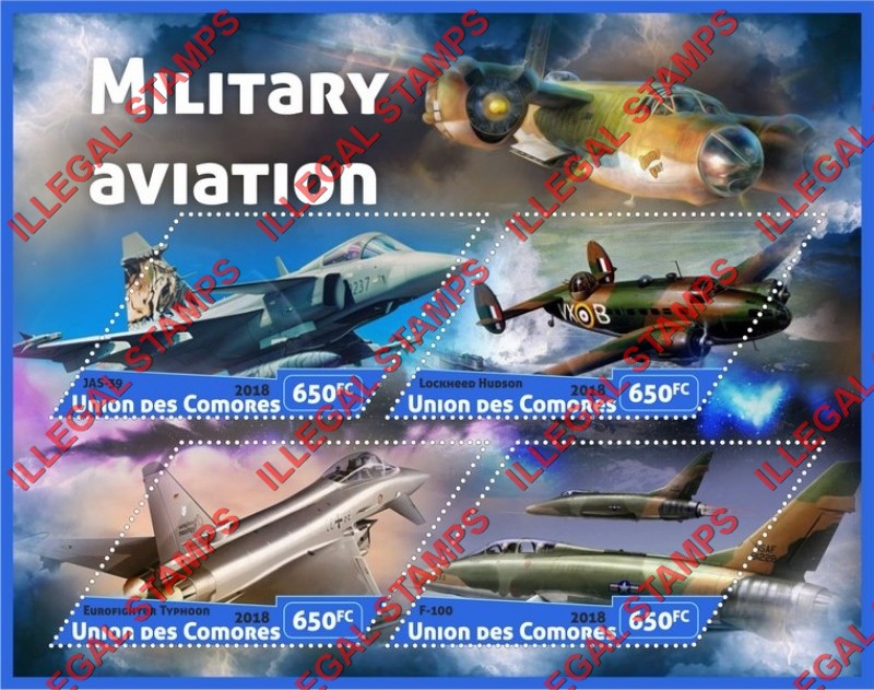 Comoro Islands 2018 Military Aviation (different) Counterfeit Illegal Stamp Souvenir Sheet of 4