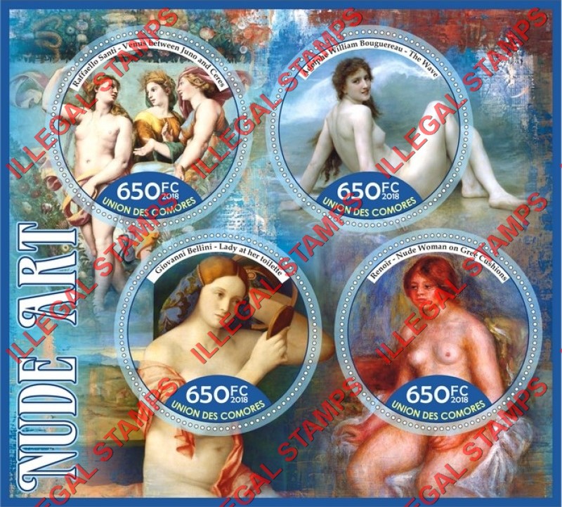 Comoro Islands 2018 Nude Art Counterfeit Illegal Stamp Souvenir Sheet of 4