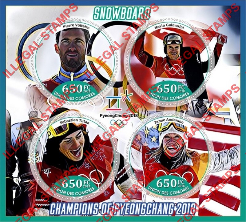 Comoro Islands 2018 Olympic Games in PyeongChang Snowboard Champions Counterfeit Illegal Stamp Souvenir Sheet of 4