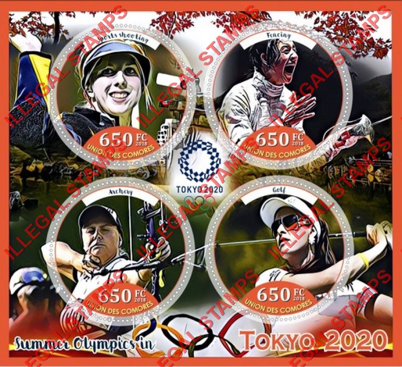 Comoro Islands 2018 Olympic Games in Tokyo in 2020 (different) Counterfeit Illegal Stamp Souvenir Sheet of 4