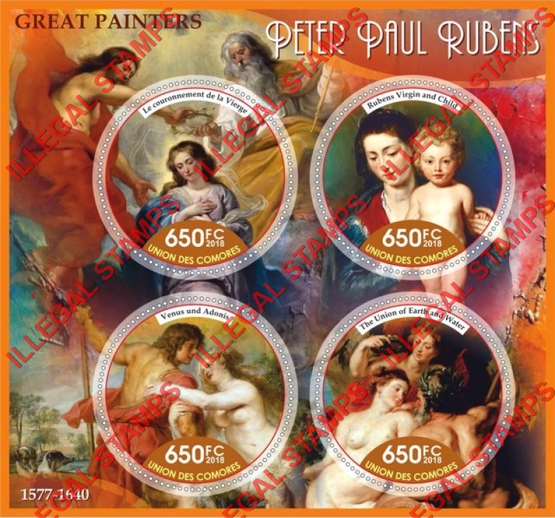 Comoro Islands 2018 Paintings by Peter Paul Rubens Counterfeit Illegal Stamp Souvenir Sheet of 4