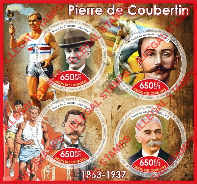 Comoro Islands 2018 Pierre de Coubertin Counterfeit Illegal Stamp Souvenir Sheet of 4
