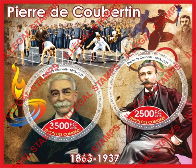 Comoro Islands 2018 Pierre de Coubertin Counterfeit Illegal Stamp Souvenir Sheet of 2