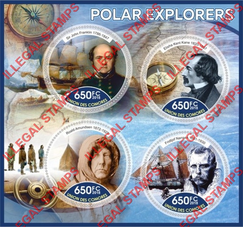Comoro Islands 2018 Polar Explorers Counterfeit Illegal Stamp Souvenir Sheet of 4