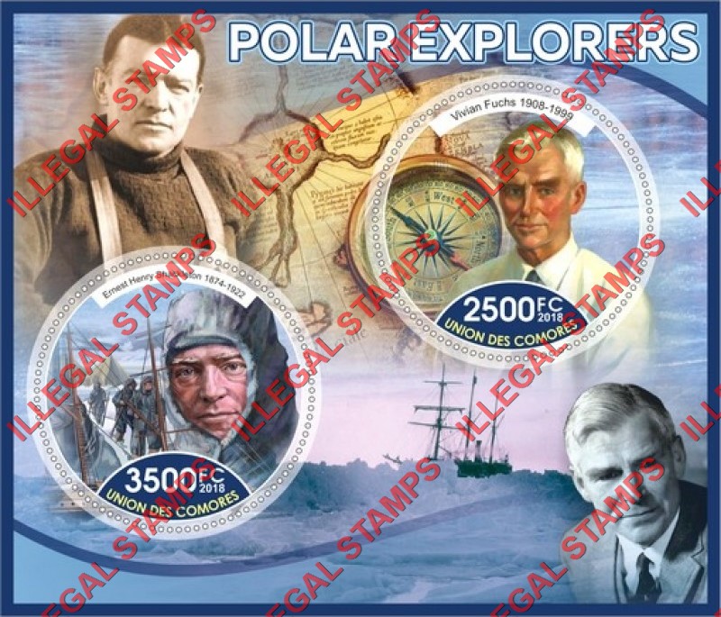 Comoro Islands 2018 Polar Explorers Counterfeit Illegal Stamp Souvenir Sheet of 2