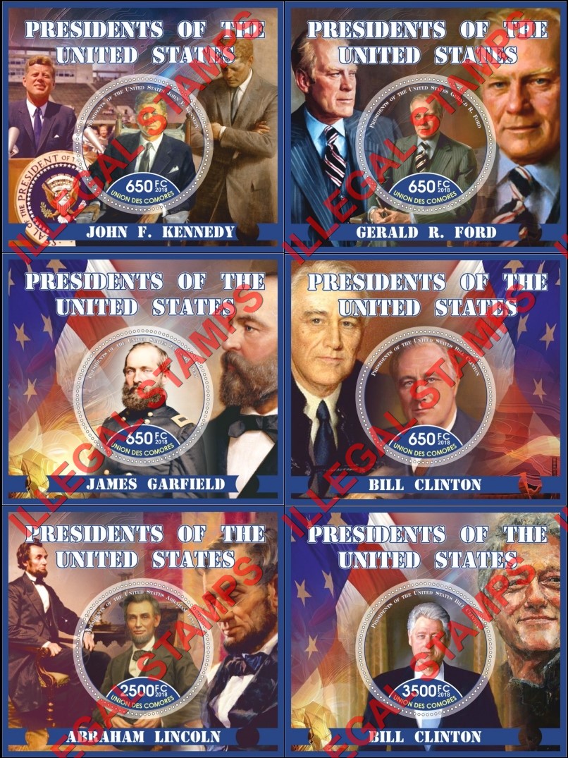 Comoro Islands 2018 Presidents of the United States Counterfeit Illegal Stamp Souvenir Sheets of 1