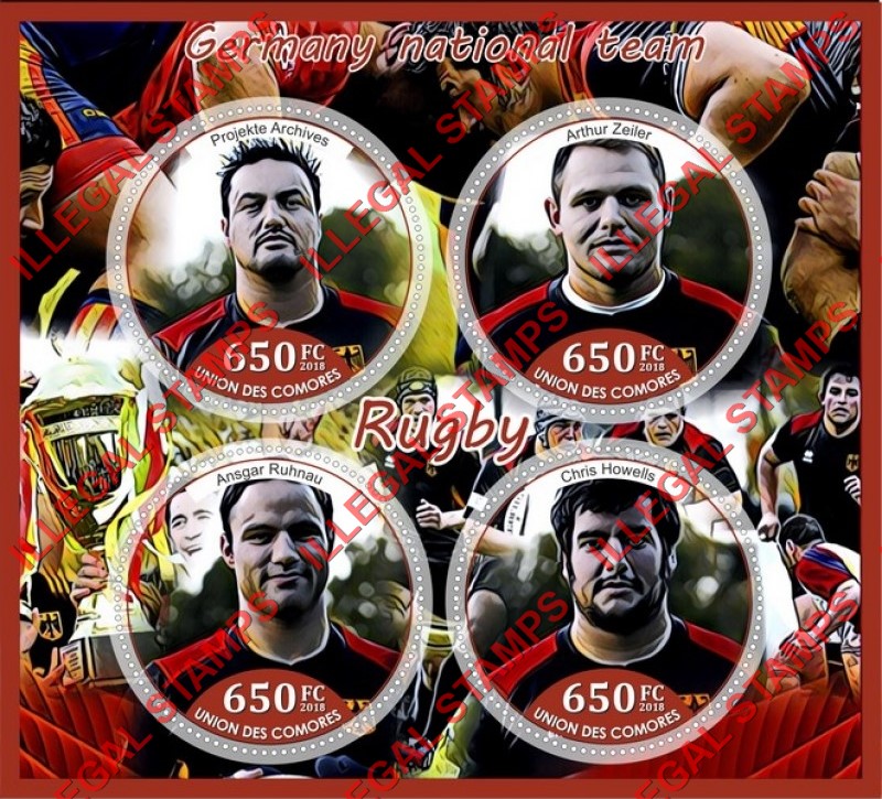 Comoro Islands 2018 Rugby Players Germany National Team Counterfeit Illegal Stamp Souvenir Sheet of 4