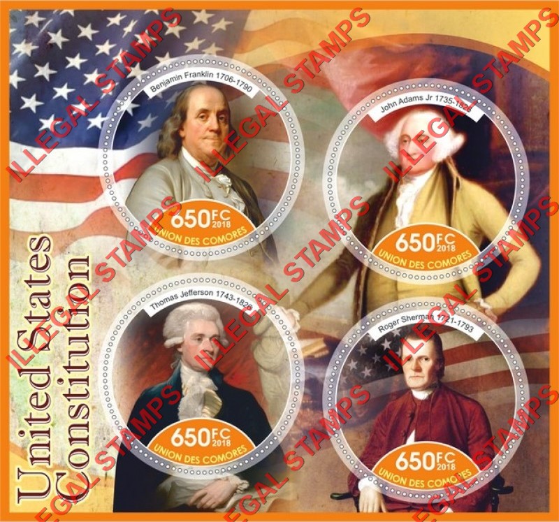 Comoro Islands 2018 United States Constitution Makers Counterfeit Illegal Stamp Souvenir Sheet of 4