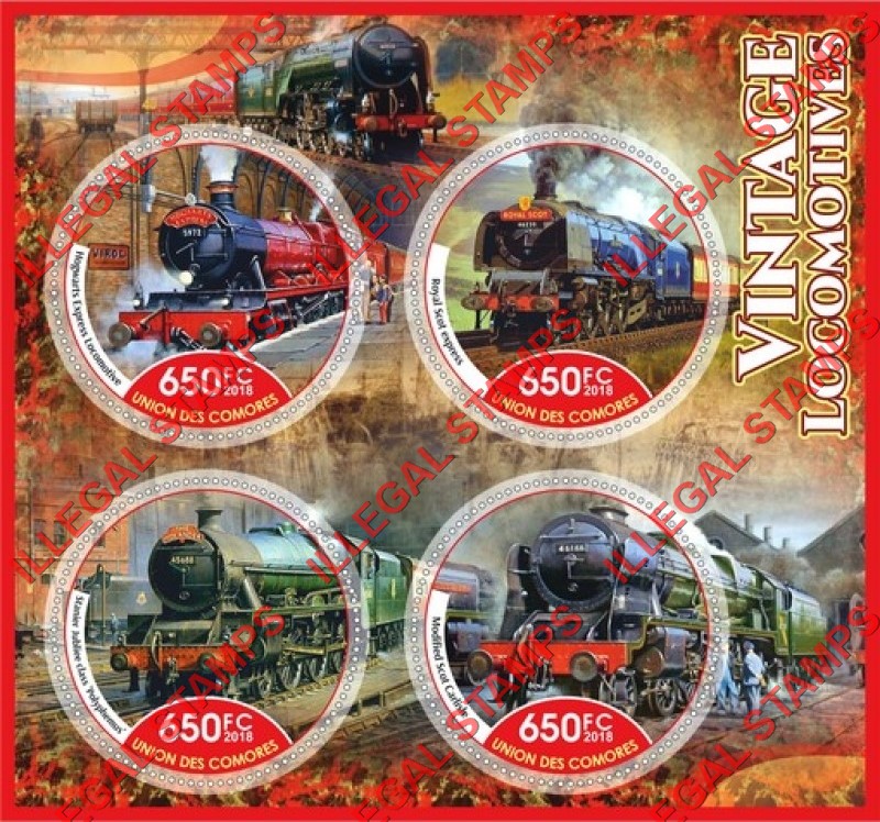 Comoro Islands 2018 Vintage Locomotives (different) Counterfeit Illegal Stamp Souvenir Sheet of 4