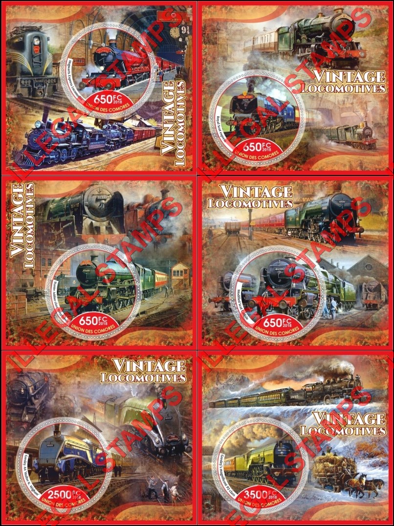 Comoro Islands 2018 Vintage Locomotives (different) Counterfeit Illegal Stamp Souvenir Sheets of 1