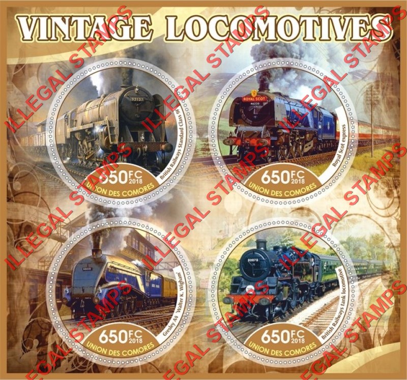 Comoro Islands 2018 Vintage Locomotives Counterfeit Illegal Stamp Souvenir Sheet of 4