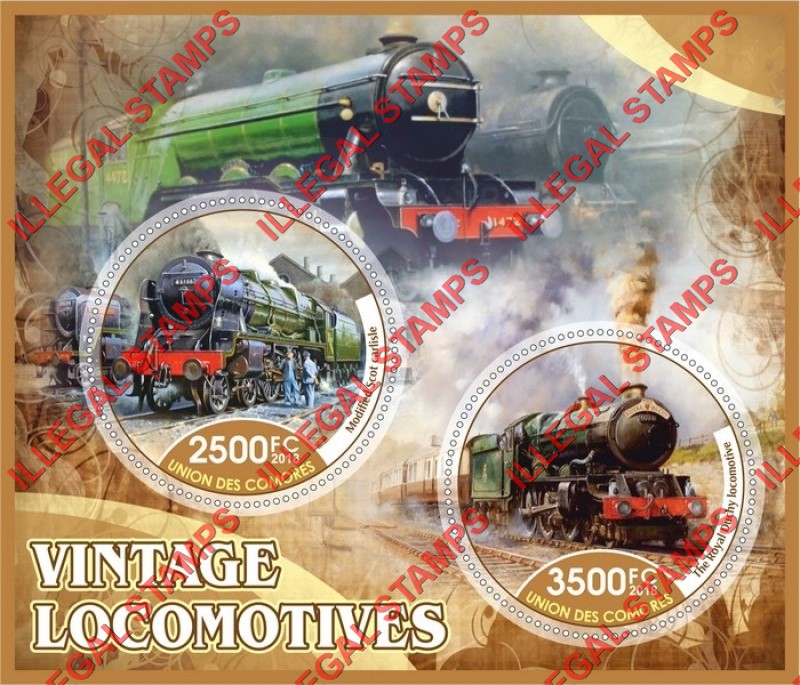 Comoro Islands 2018 Vintage Locomotives Counterfeit Illegal Stamp Souvenir Sheet of 2