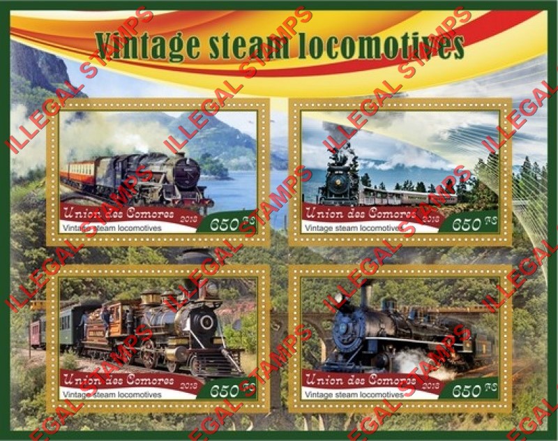 Comoro Islands 2018 Vintage Steam Locomotives Counterfeit Illegal Stamp Souvenir Sheet of 4