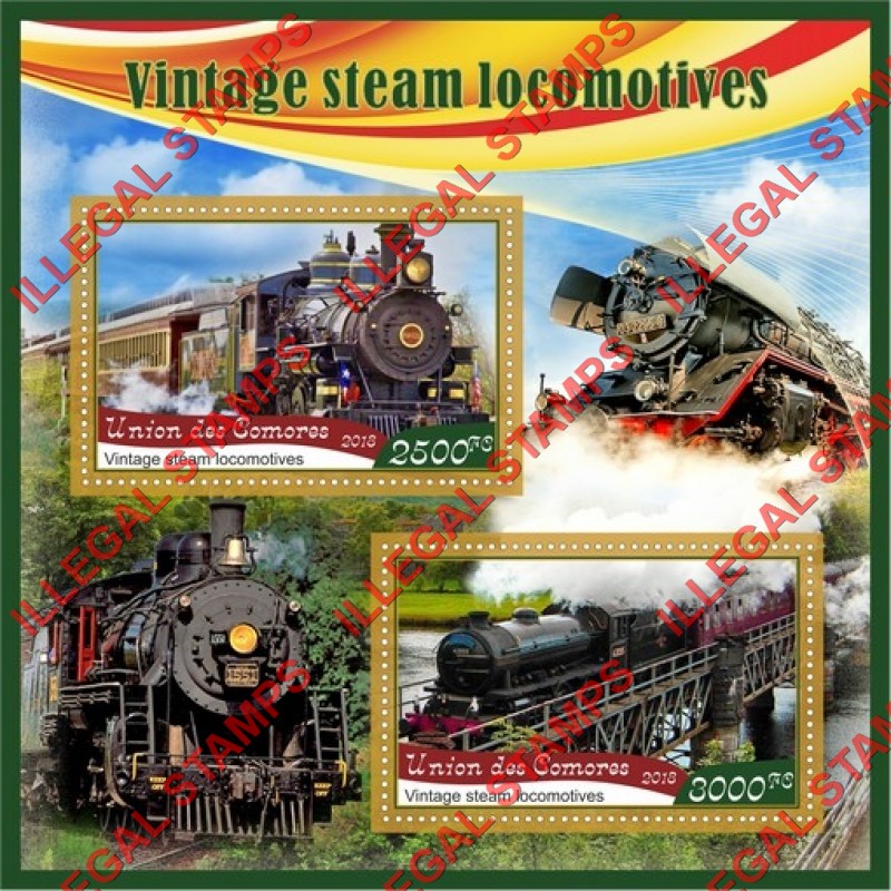 Comoro Islands 2018 Vintage Steam Locomotives Counterfeit Illegal Stamp Souvenir Sheet of 2