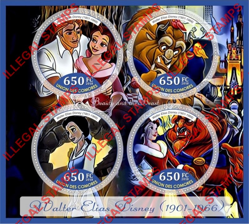 Comoro Islands 2018 Walt Disney Beauty and the Beast Counterfeit Illegal Stamp Souvenir Sheet of 4