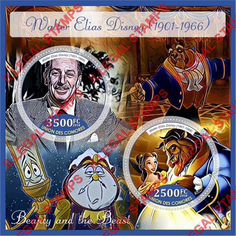 Comoro Islands 2018 Walt Disney Beauty and the Beast Counterfeit Illegal Stamp Souvenir Sheet of 2