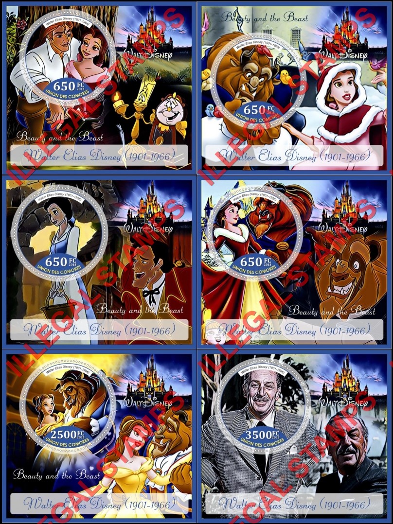 Comoro Islands 2018 Walt Disney Beauty and the Beast Counterfeit Illegal Stamp Souvenir Sheets of 1