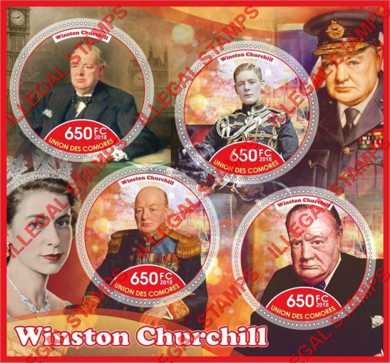 Comoro Islands 2018 Winston Churchill (different) Counterfeit Illegal Stamp Souvenir Sheet of 4