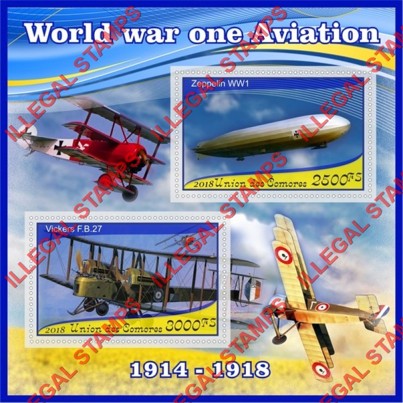 Comoro Islands 2018 World War I Aviation Counterfeit Illegal Stamp Souvenir Sheet of 2