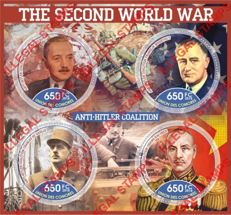 Comoro Islands 2018 World War II Anti-Hitler Coalition Counterfeit Illegal Stamp Souvenir Sheet of 4