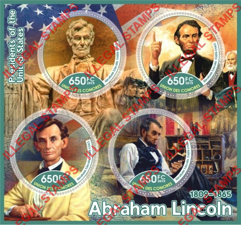 Comoro Islands 2019 Abraham Lincoln Counterfeit Illegal Stamp Souvenir Sheet of 4