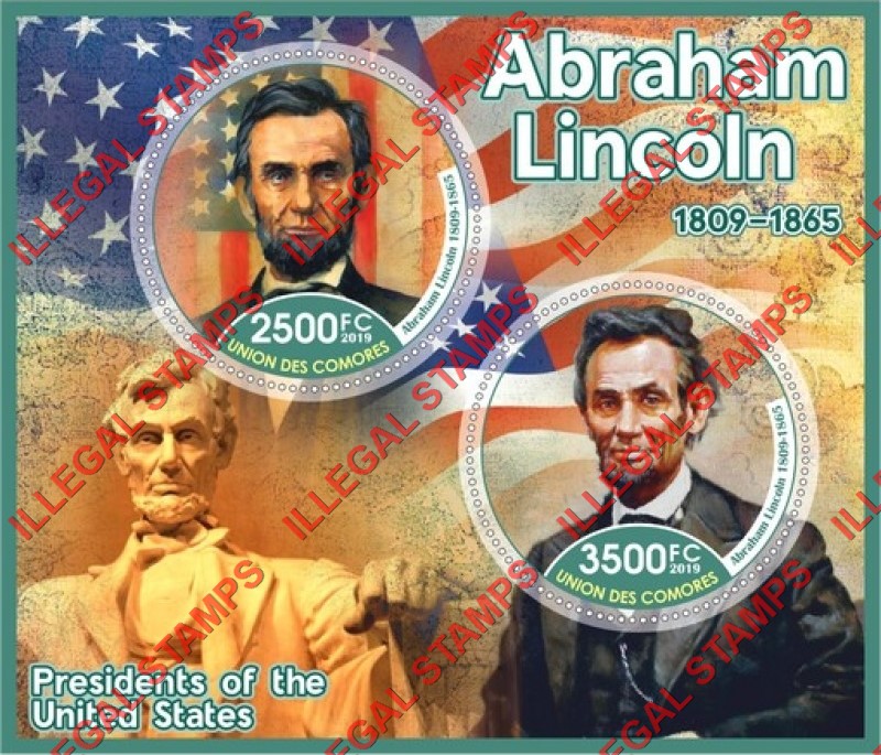 Comoro Islands 2019 Abraham Lincoln Counterfeit Illegal Stamp Souvenir Sheet of 2