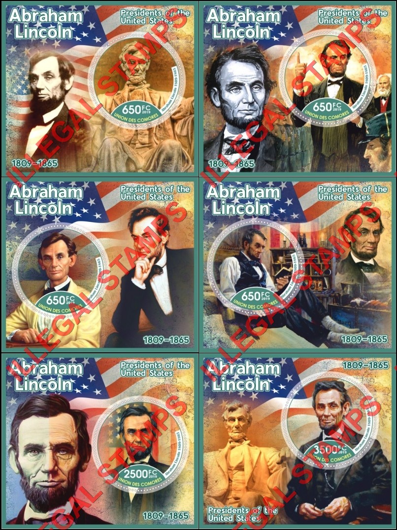 Comoro Islands 2019 Abraham Lincoln Counterfeit Illegal Stamp Souvenir Sheets of 1