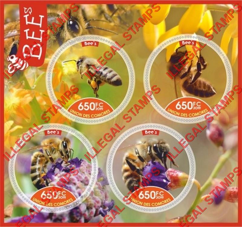 Comoro Islands 2019 Bees Counterfeit Illegal Stamp Souvenir Sheet of 4