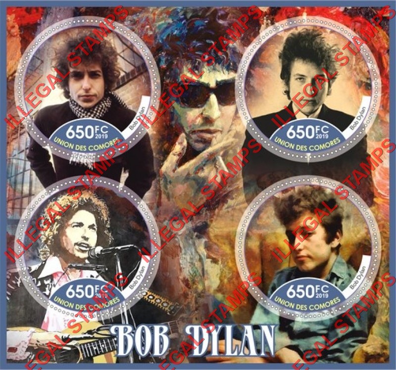 Comoro Islands 2019 Bob Dylan (different) Counterfeit Illegal Stamp Souvenir Sheet of 4