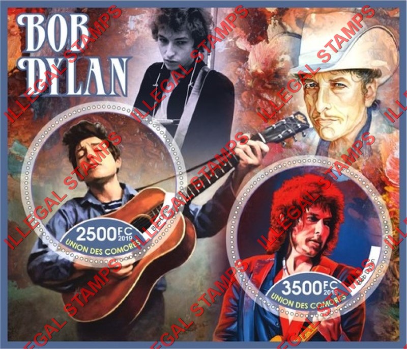 Comoro Islands 2019 Bob Dylan (different) Counterfeit Illegal Stamp Souvenir Sheet of 2