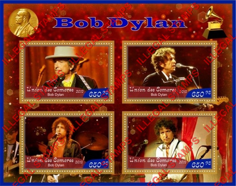 Comoro Islands 2019 Bob Dylan Counterfeit Illegal Stamp Souvenir Sheet of 4