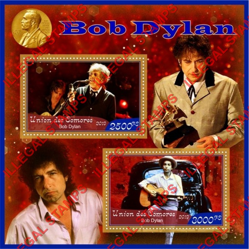 Comoro Islands 2019 Bob Dylan Counterfeit Illegal Stamp Souvenir Sheet of 2