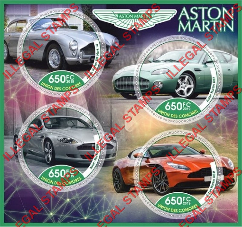 Comoro Islands 2019 Cars Aston Martin Counterfeit Illegal Stamp Souvenir Sheet of 4