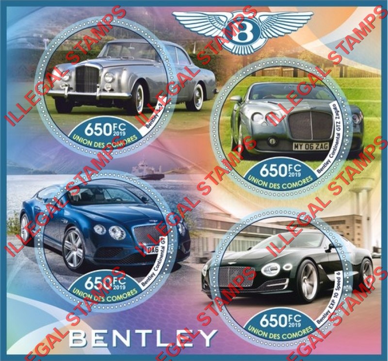 Comoro Islands 2019 Cars Bentley Counterfeit Illegal Stamp Souvenir Sheet of 4