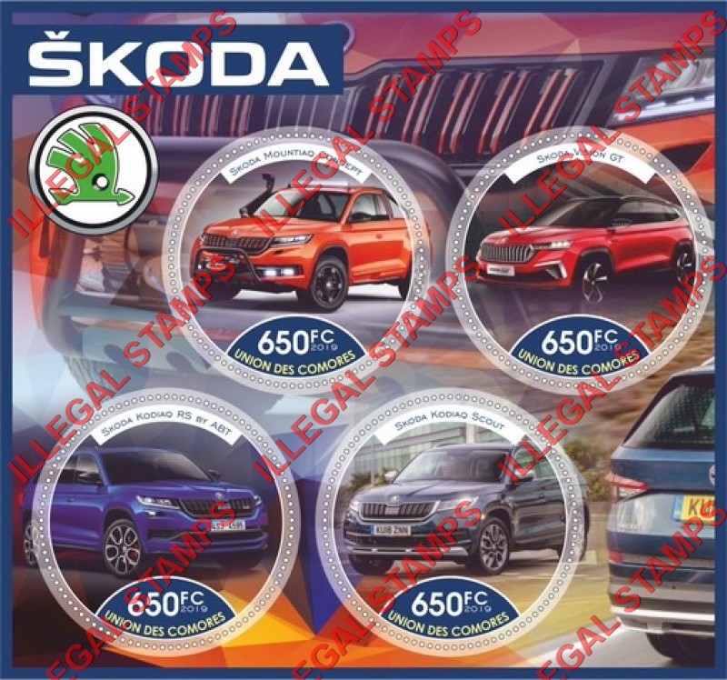 Comoro Islands 2019 Cars Skoda Counterfeit Illegal Stamp Souvenir Sheet of 4