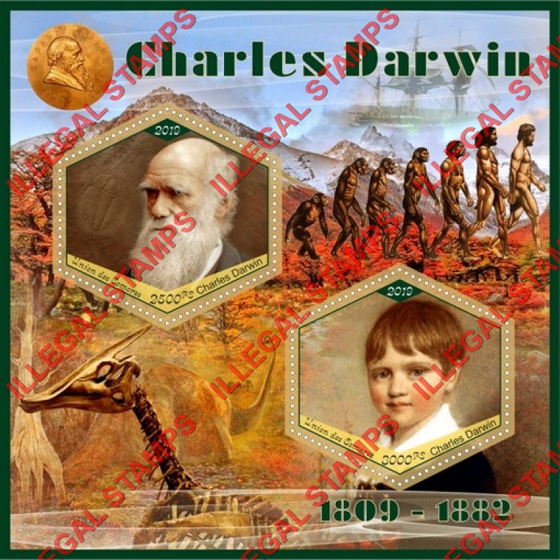 Comoro Islands 2019 Charles Darwin Counterfeit Illegal Stamp Souvenir Sheet of 2
