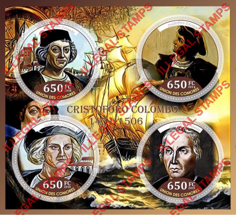 Comoro Islands 2019 Christopher Columbus (different) Counterfeit Illegal Stamp Souvenir Sheet of 4