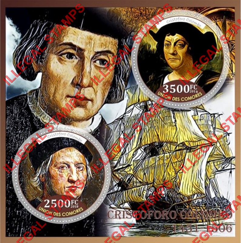 Comoro Islands 2019 Christopher Columbus (different) Counterfeit Illegal Stamp Souvenir Sheet of 2