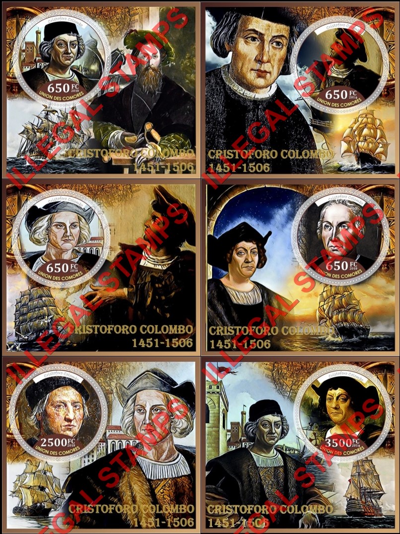 Comoro Islands 2019 Christopher Columbus (different) Counterfeit Illegal Stamp Souvenir Sheets of 1