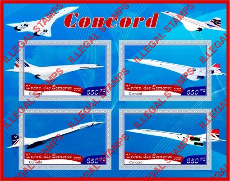 Comoro Islands 2019 Concorde Counterfeit Illegal Stamp Souvenir Sheet of 4