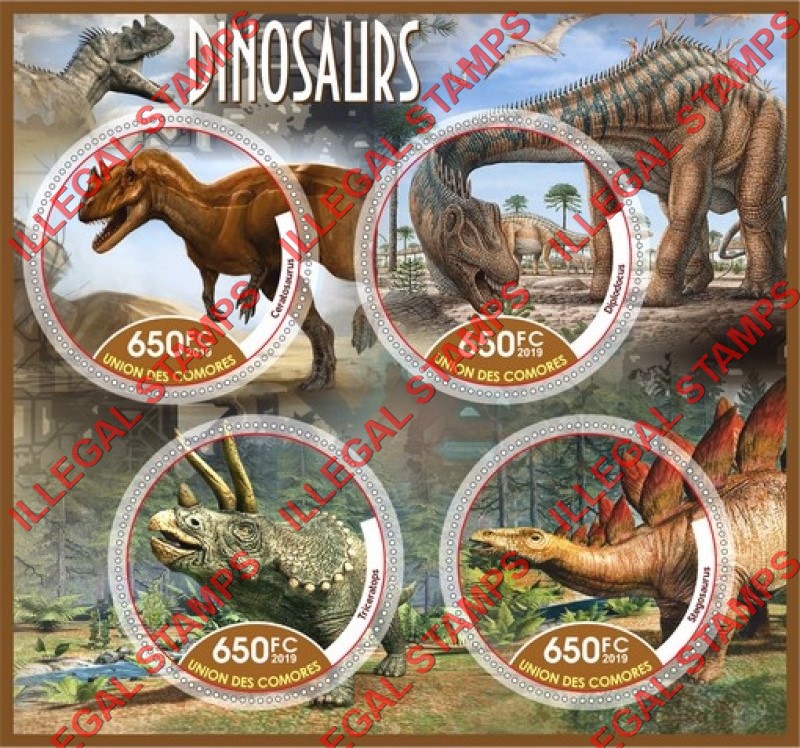 Comoro Islands 2019 Dinosaurs Counterfeit Illegal Stamp Souvenir Sheet of 4