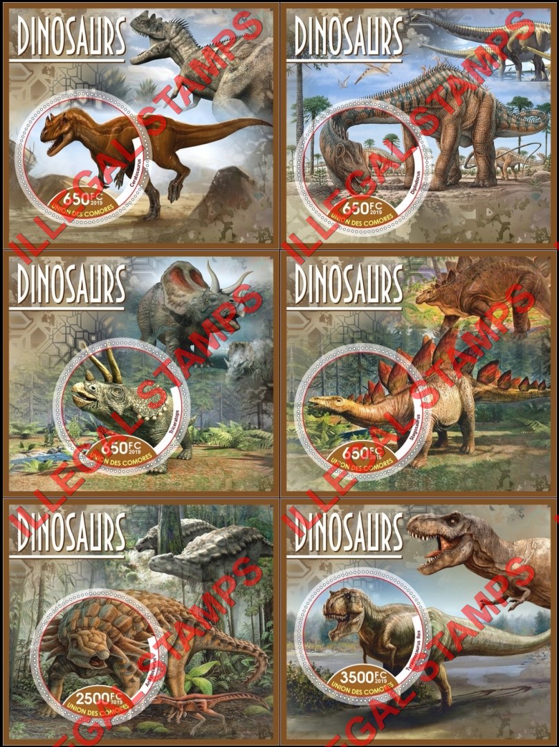 Comoro Islands 2019 Dinosaurs Counterfeit Illegal Stamp Souvenir Sheets of 1