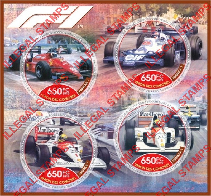 Comoro Islands 2019 Formula I Race Cars Counterfeit Illegal Stamp Souvenir Sheet of 4